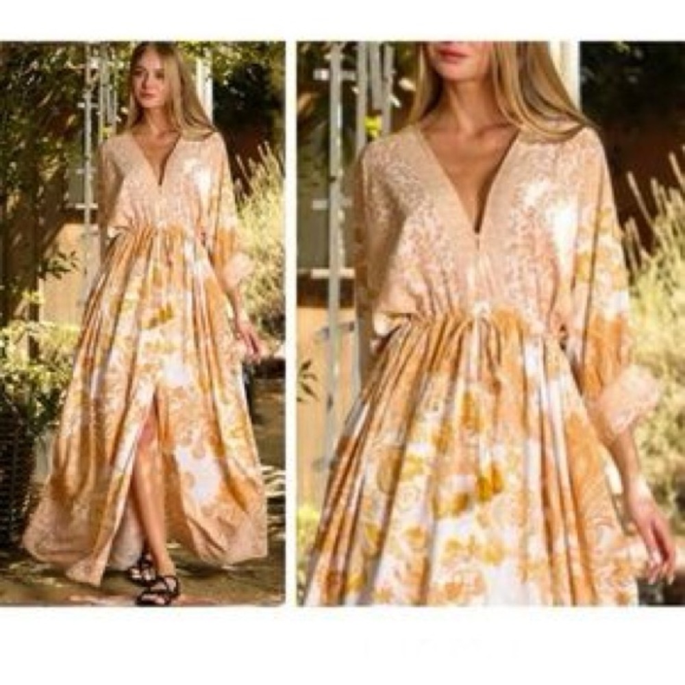 Aakaa Peach & Gold Boho Maxi Dress | Flowy Resort Style | Size Small